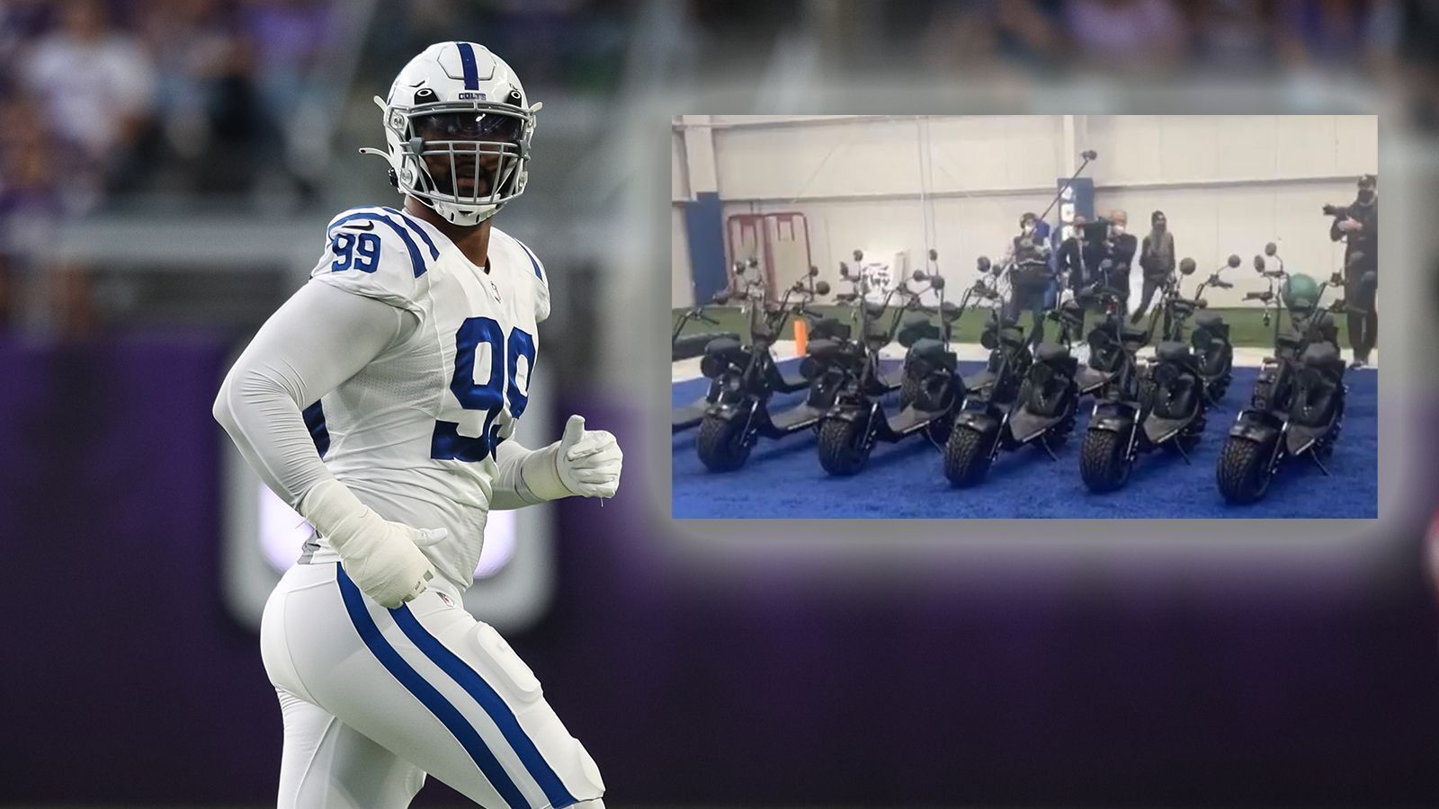
                <strong>DeForest Buckner: Scooter</strong><br>
                Dass besonders D-Liner nicht immer schnell unterwegs sind, dürfte Indianapolis-Colts-Star DeForest Buckner bewusst sein. Deshalb stattete er jeden seiner Kollegen in der Defensive Line mit einem Scooter aus. Jeder Scooter hat über dem hinteren Reifen dabei die Rückennummer des jeweiligen Spielers eingraviert. 
              