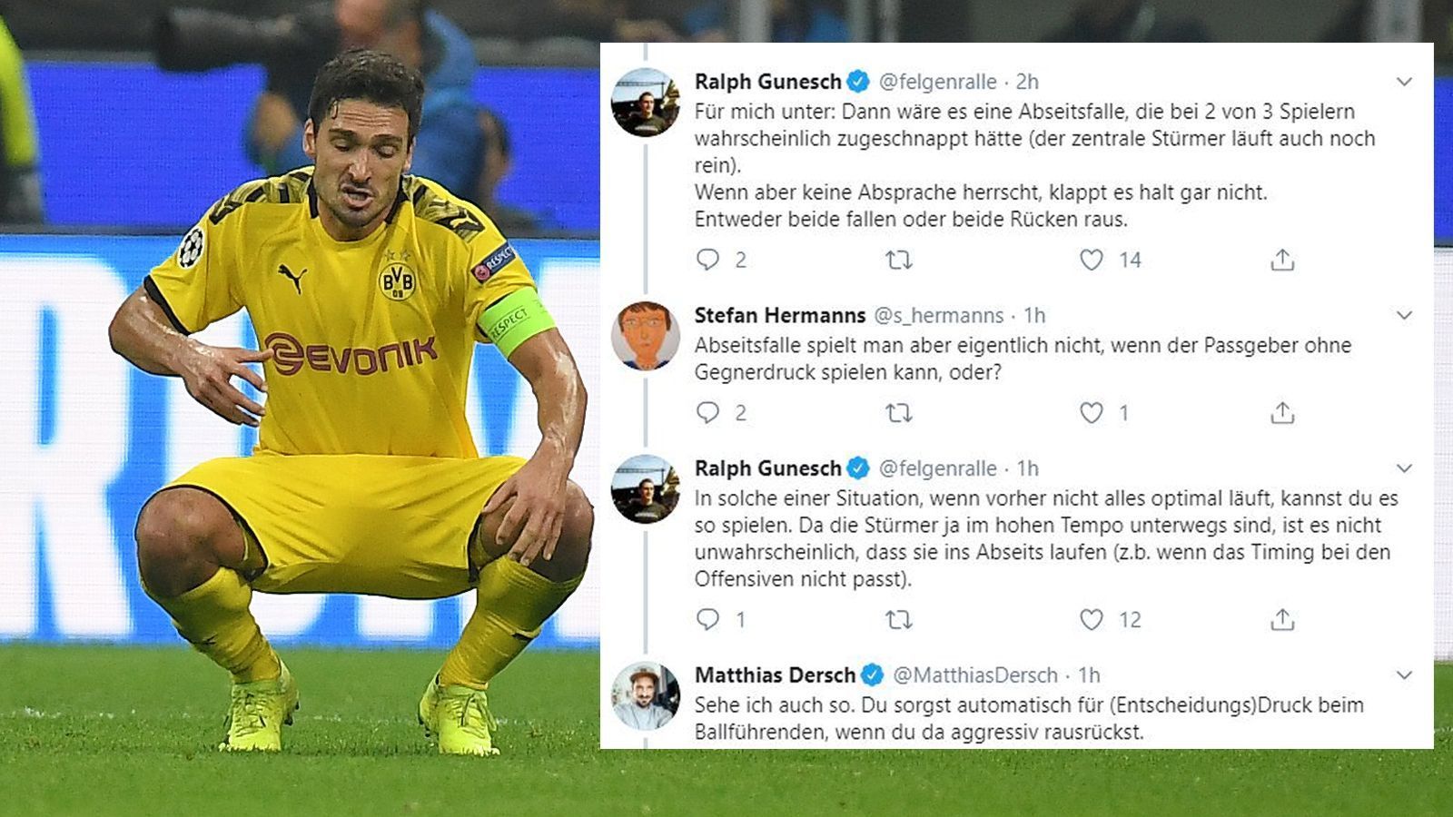 
                <strong>Experten und Journalisten pro Hummels</strong><br>
                Der ehemalige Fußball-Profi und "DAZN"-Experte Ralf Gunesch - nicht bei dem Spiel im Einsatz - schaltet sich daraufhin ein, sieht es ebenso wie der Kommentator. Auch der BVB-Reporter vom "kicker", Matthias Dersch, diskutiert mit und plädiert für die Abseitsfalle.
              