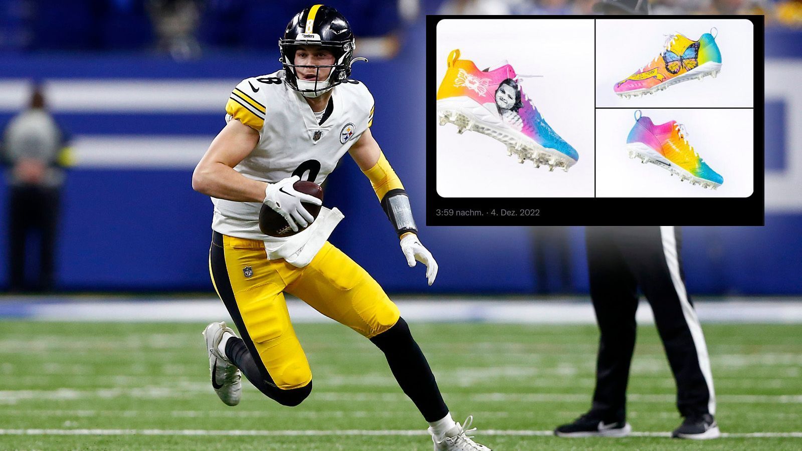 
                <strong>Kenny Pickett</strong><br>
                Kenny Pickett trägt mit seinen Cleats eine ganz persönliche Geschichte. Er unterstützt die "Mia Lynn Terry Foundation", die Picketts jüngere Cousine ehrt, die im jungen Alter an Krebs verstarb. "Ich denke es wird meiner Familie extrem viel bedeuten, ganz besonders meiner Tante", erklärte der Steelers-Quarterback.
              