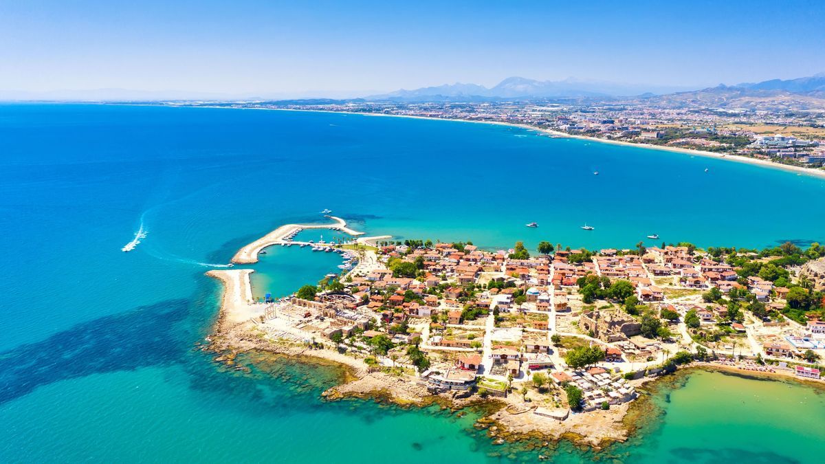 Aerial top drone view of ancient Side town, Antalya Province in Turkey