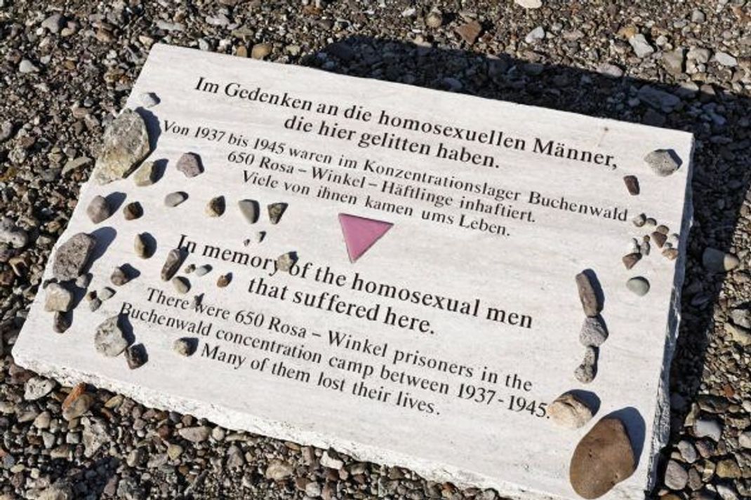 Auf einem Gedenkstein im ehemaligen KZ Buchenwald ist ein Rosa Winkel zu sehen. Er erinnert an das Leiden der homosexuellen Männer im Dritten Reich.