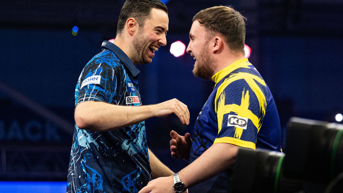 12th October 2025; Mattioli Arena, Leicester Leicestershire, England; 2025 PDC Boyle Sports World Grand Prix Darts Final Night; Luke Littler shares a joke with his opponent Luke Humphries before th...