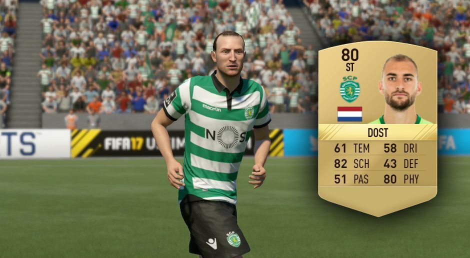 
                <strong>Bas Dost – Liga NOS (Portugal)</strong><br>
                Das Rennen um die Torjägerkanone war schon sehr früh entschieden in Portugal. Dost hat 34 Tore und damit 15 mehr als der Zweitplatzierte Konstantinos Mitroglou geschossen. Kein Wunder also, dass der Niederländer 87 Abschluss und 92 Kopfballpräzision hat.
              