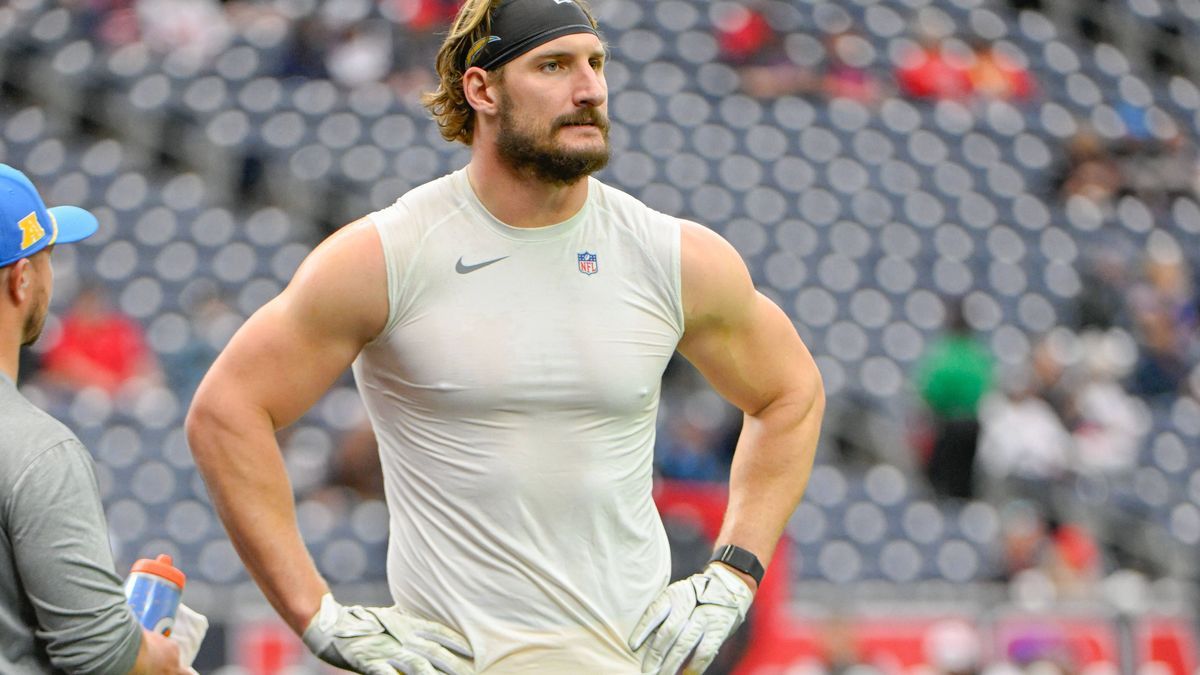 HOUSTON, TX - JANUARY 11: Los Angeles Chargers linebacker Joey Bosa (97) warms up before the Los Angeles Chargers and Houston Texans AFC Wild Card playoff game at NRG Stadium on January 11, 2025, i...