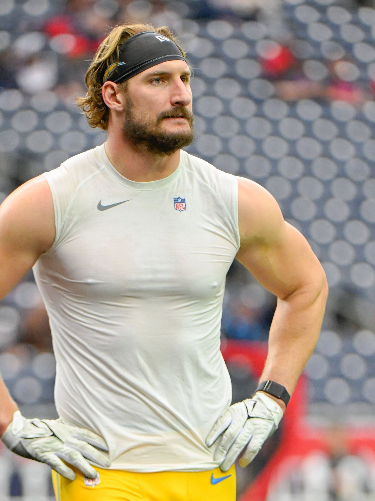 HOUSTON, TX - JANUARY 11: Los Angeles Chargers linebacker Joey Bosa (97) warms up before the Los Angeles Chargers and Houston Texans AFC Wild Card playoff game at NRG Stadium on January 11, 2025, i...