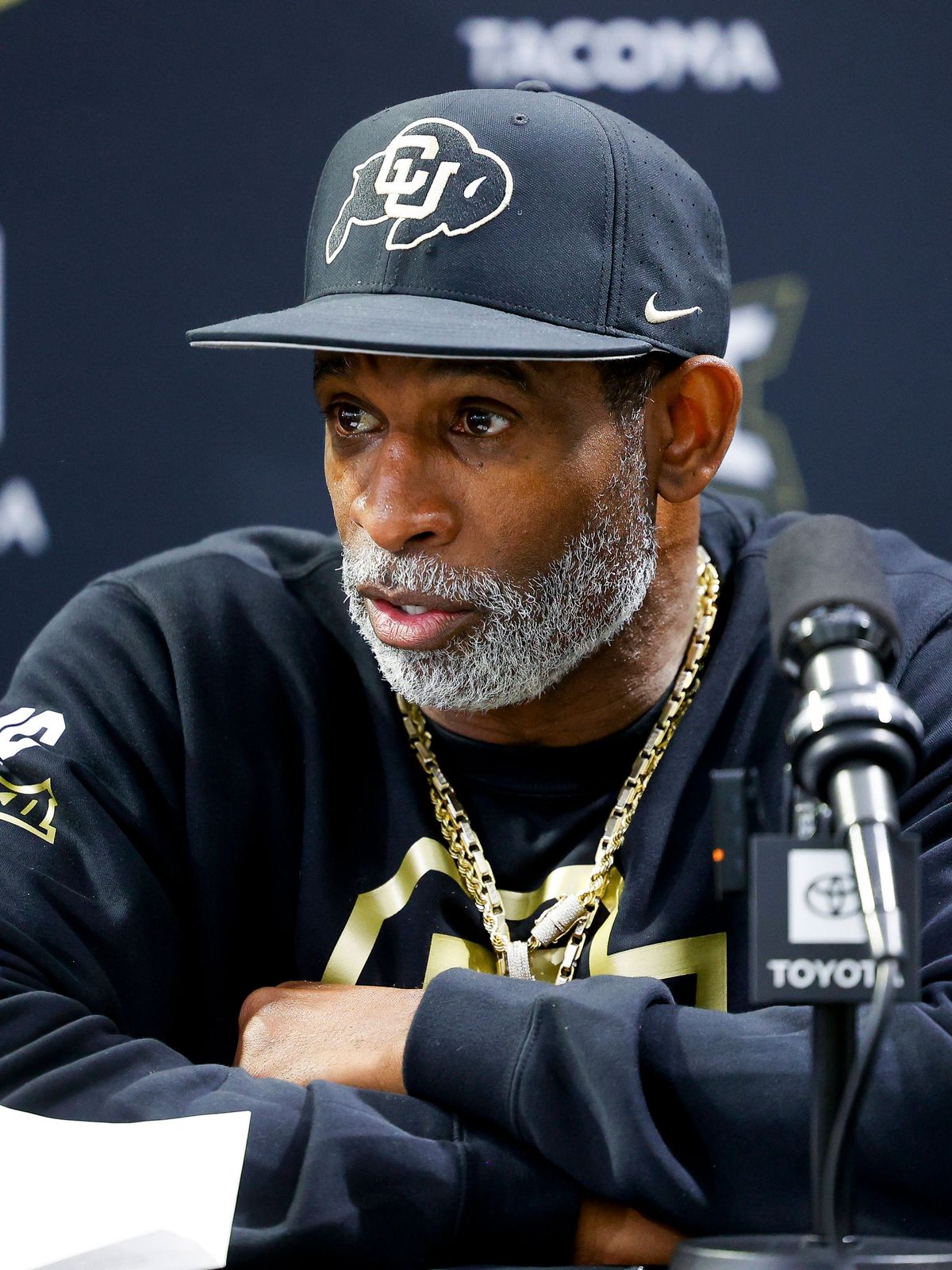 NCAA, College League, USA Football: Colorado NFL, American Football Herren, USA Showcase Apr 4, 2025; Boulder, CO, USA; Colorado Buffaloes head coach Deion Sanders speaks to the media at the Univer...