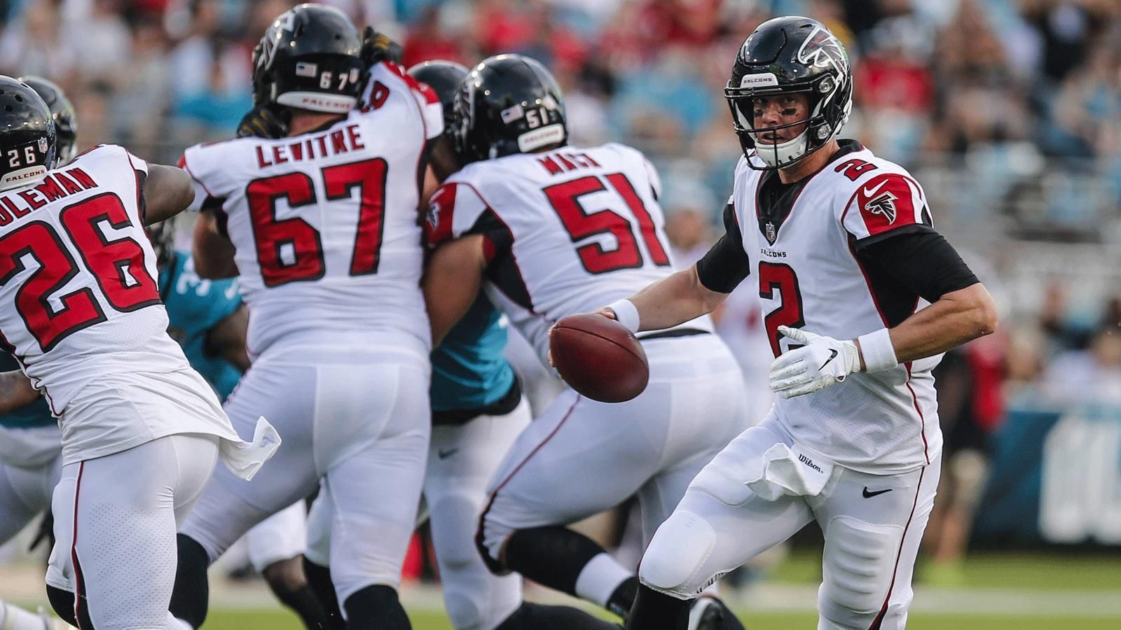 
                <strong>Atlanta Falcons</strong><br>
                Quarterback (2): Matt Ryan, Matt SchaubRunning Back (3): Ito Smith, Tevin Coleman, Devonta FreemanFullback (1): Ricky OrtizWide Receiver (6): Calvin Ridley, Russell Gage, Justin Hardy, Mohamed Sanu, Julio Jones, Marvin HallTight End (3): Logan Paulsen, Eric Saubert, Austin HooperOffensive Line (9): Alex Mack, Andy Levitre, Ben Garland, Wes Schweitzer, Brandon Fusco, Matt Gono, Jake Matthews, Ty Sambrailo, Ryan SchraederDefensive Line (8): Derrick Shelby, Brooks Reed, Takkarist McKinley, Justin Zimmer, Jack Crawford, Terrell McClain, Deadrin Senat, Grady JarrettLinebacker (5): Foye Oluokun, De'Vondre Campbell, Deion Jones, Duke Riley, Vic Beasley Jr.Secondary (12): Justin Bethel, Isaiah Oliver, Deante Burton, Desmond Trufant, Blidi Wreh-Wilson, Robert Alford, Brian Poole, Jordan Richards, Kemal Ishmael, Keanu Neal, Damontae Kazee, Ricardo AllenSpecialists (4): Matt Bryant, Josh Harris, Matt Bosher, Jeff Overbaugh
              