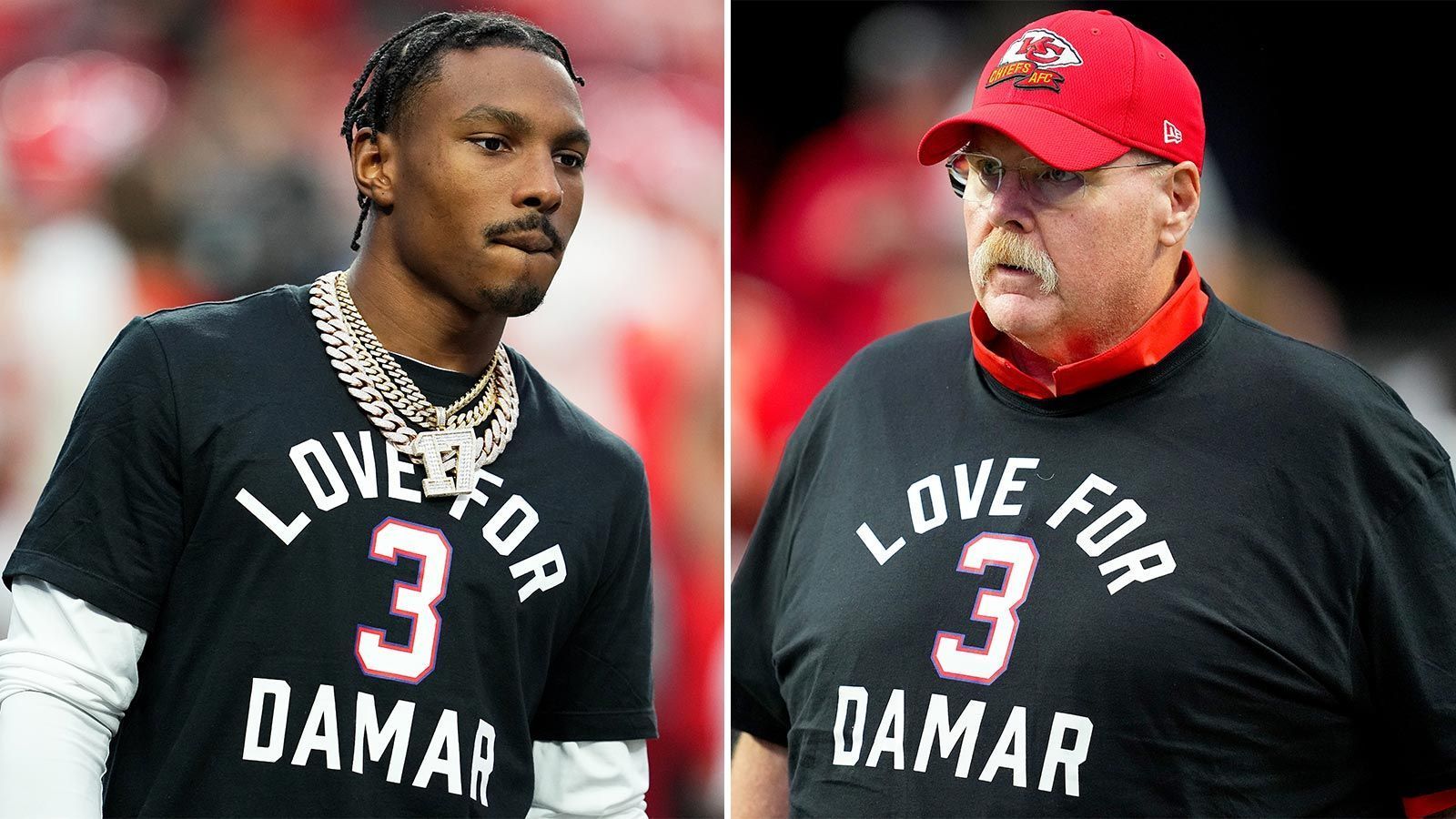 
                <strong>Kansas City Chiefs</strong><br>
                Neben Mahomes hatten auch die restlichen Spieler und der Staff der Kansas City Chiefs vor dem Spiel ein Shirt an, auf dem "Love for Damar" stand und die Nummer "3" des Bills-Spielers abgebildet war. Das Shirt ist Teil einer ligaweiten Aktion der NFL - hier zu sehen bei Chiefs-Receiver Mecole Hardman und Head Coach Andy Reid.
              