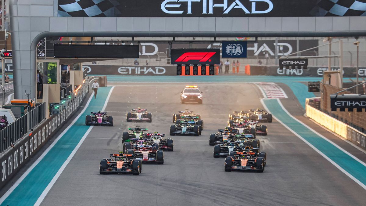 F1 Grand Prix Of Abu Dhabi The race starts with Lando Norris of McLaren Formula One Team with the MCL38 F1 car at the pole position leading the race from the start line and the first turn with all ...