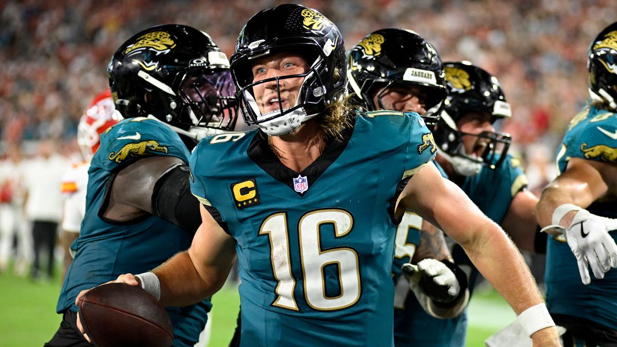 Jacksonville Quarterback Trevor Lawrence celebrates after scoring a touchdown with under a minute remaining in the game as the Chiefs compete against the Jaguars at EverBank Stadium in Jacksonville...