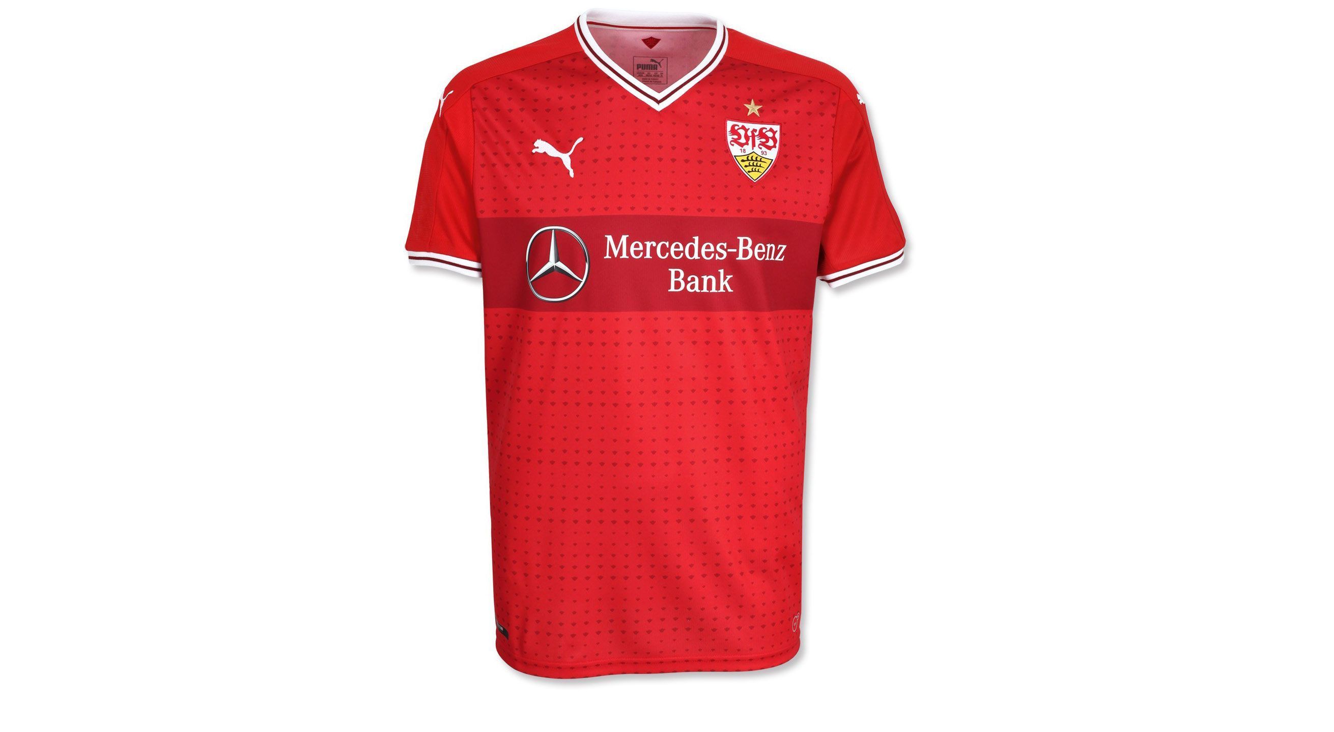 
                <strong>VfB Stuttgart</strong><br>
                ... setzt der VfB auf ein gepunktetes Muster außerhalb des traditionellen Brustrings. Der Streifen am Kragen und Ärmelrand ist ebenfalls neu.
              