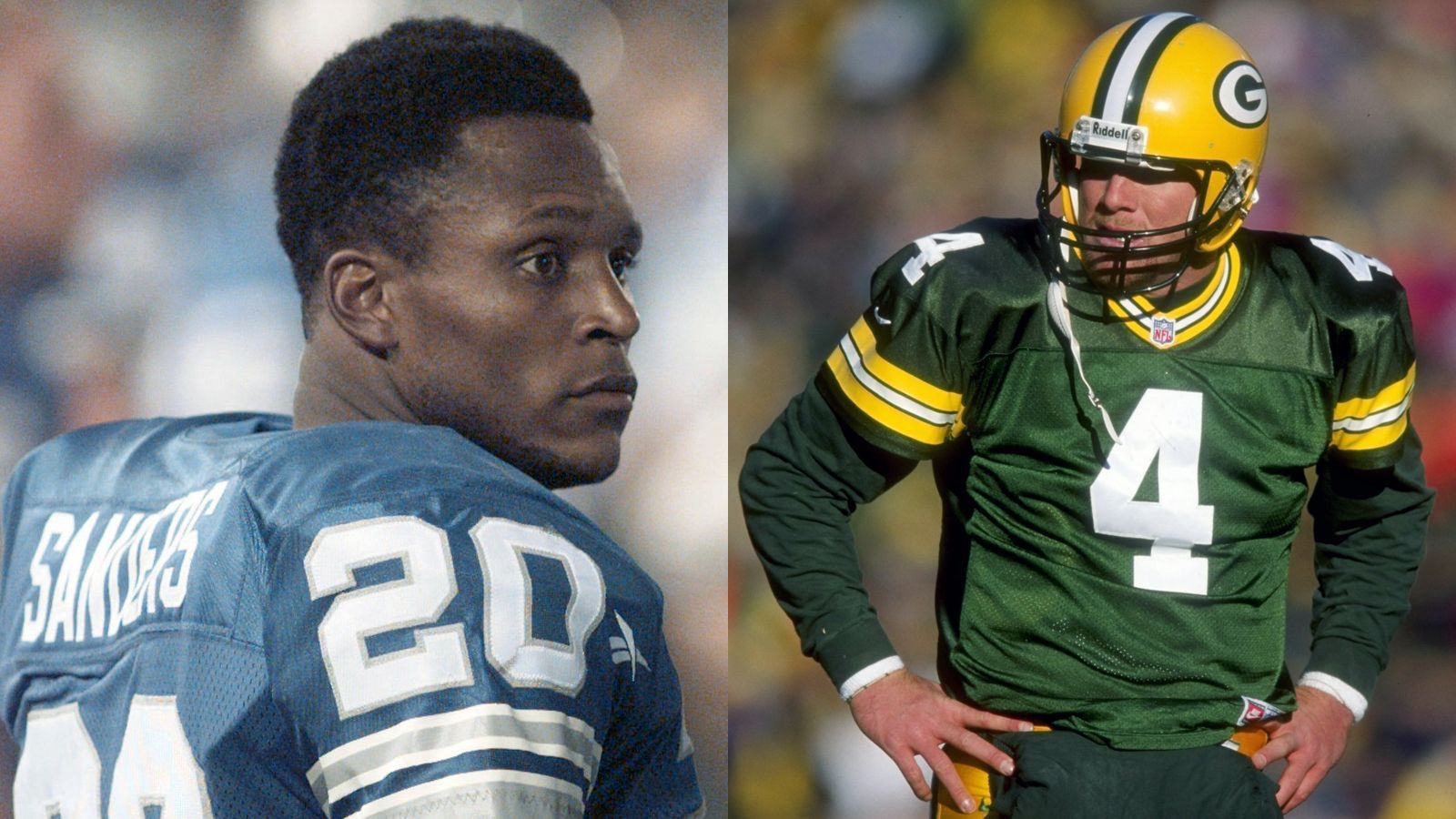 <strong>1997: Barry Sanders (li.) und Brett Favre (re.)</strong><br>Team: Detroit Lions bzw. Green Bay Packers<br>Position: Runningback bzw. Quarterback