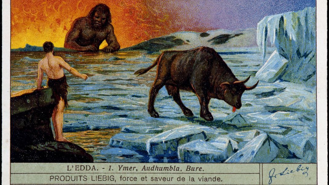 Die Ur-Kuh Audhumbla leckt am Eis und bringt damit den göttlichen Stammvater Buri zur Welt. Im Hintergrund der erste Riese Ymir zu sehen.