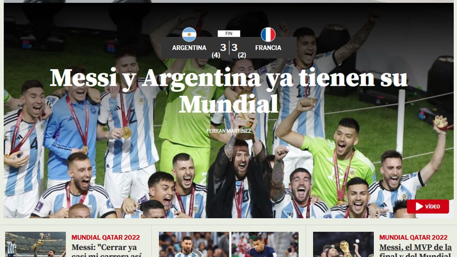 
                <strong>Mundo Deportivo (Spanien)</strong><br>
                "Messi und Argentinien haben ihren WM-Titel. In einem historischen Finale holt sich Argentinien nach einem Sieg im Elfmeterschießen gegen eine großartige französische Mannschaft den dritten Stern. Leo war mit zwei Toren gegen einen kämpferischen Mbappe, der einen Hattrick erzielte, entscheidend für den Erfolg."
              