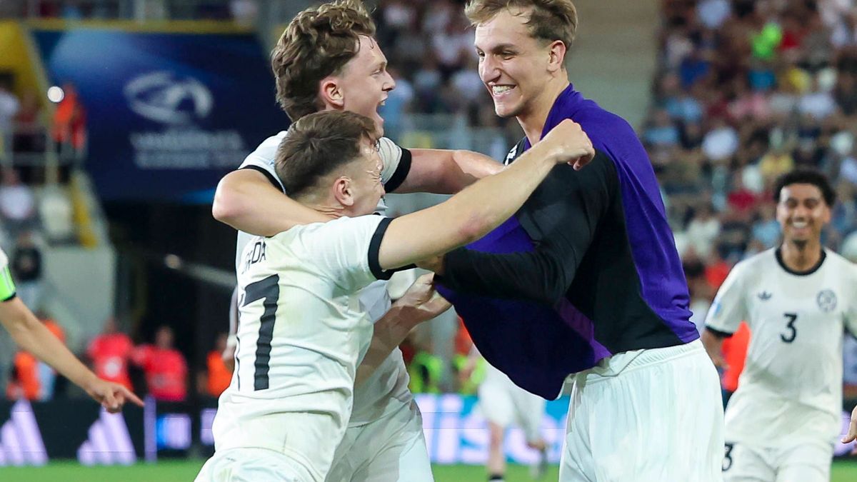 Brajan Gruda (Germany) bejubelt seinen Treffer zum 3:0 mit Paul Wanner (Germany) und Nelson Weiper (Germany), UEFA European Under-21 Championship 2025 Semi-Final, Germany v France, KoÅ¡icka futbalo...
