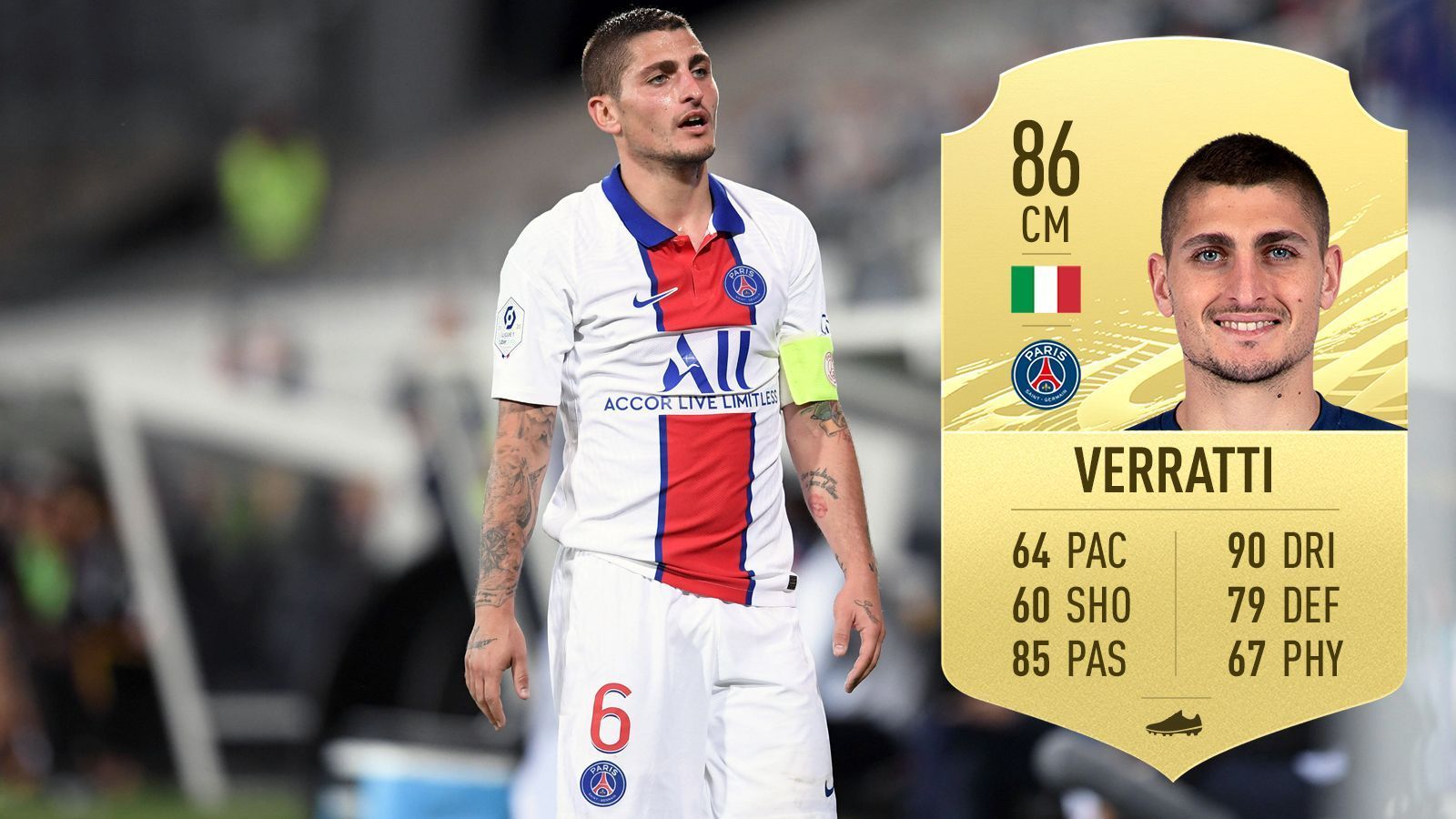 
                <strong>Marco Verratti (Paris St. Germain/Italien)</strong><br>
                Dribbling-Stärke: 90Gesamt-Stärke: 86
              