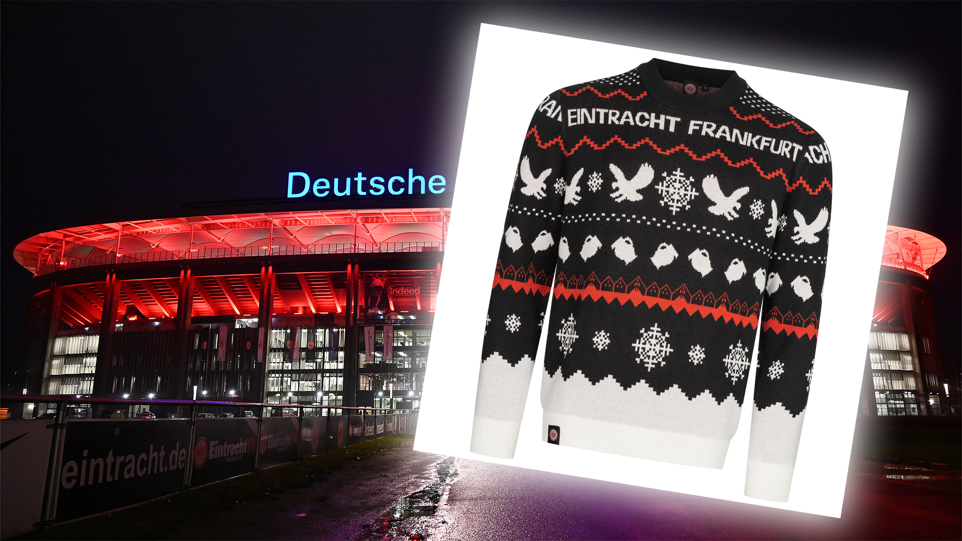 <strong>Eintracht Frankfurt</strong><br>Der Weihnachtspulli der SGE ist nicht sonderlich auffällig, hat aber wenigstens ein paar Motive des Vereins und der Stadt Frankfurt: Der Adler, der Römer und der Bembel.&nbsp;