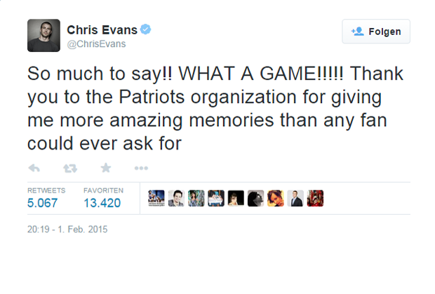 
                <strong>Chris Evans</strong><br>
                So freute sich "Captain America"-Schauspieler Chris Evans über den Triumph seiner Patriots. Damit gewann Evans auch eine Wette gegen seinen Kumpel und Kollegen Chris Pratt, ein eingefleischter Seahawks-Anhänger. 
              