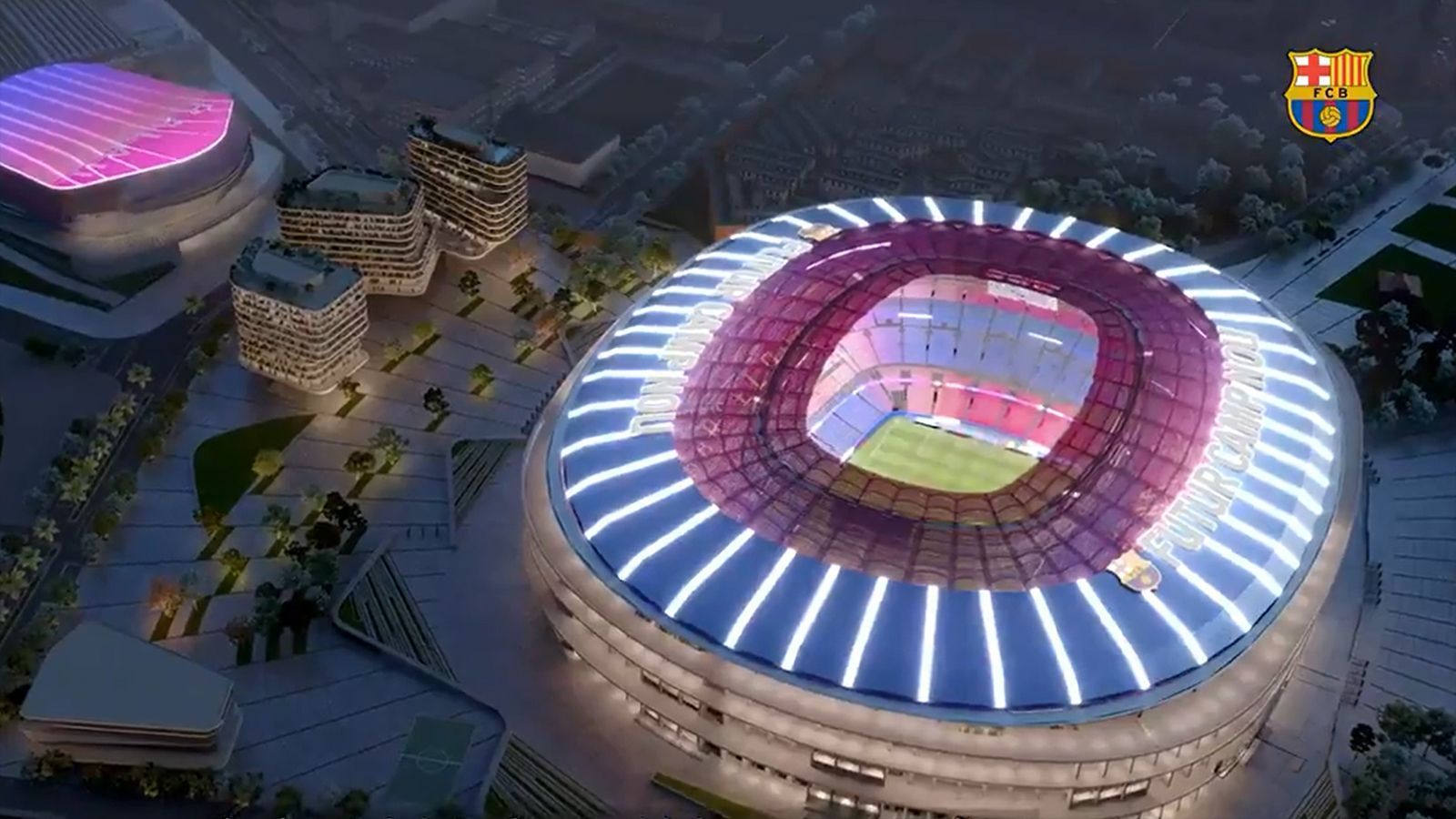 
                <strong>Sanierung von Stadion und Umgebung</strong><br>
                Und so soll es am Ende aussehen: Das Camp Nou erstrahlt im neuen Glanz. Auch der Bereich außerhalb der Sportstätten soll dabei saniert werden.
              