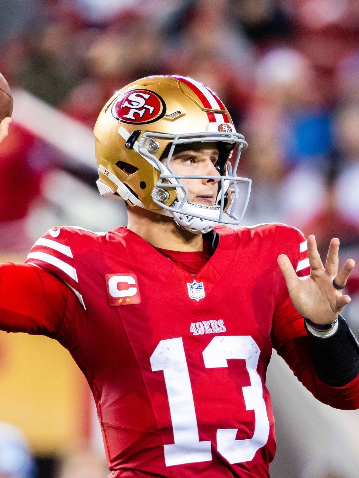SANTA CLARA, CA - DECEMBER 30: San Francisco 49ers quarterback Brock Purdy (13) passes the ball during a NFL, American Football Herren, USA game against the Detriot Lions on December 30, 2024 at Le...