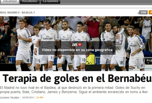 
                <strong>AS</strong><br>
                In Spanien lassen die Zeitungen Real Madrid hochleben. "Tor-Therapie im Bernabeu" schriebt etwa "As".
              
