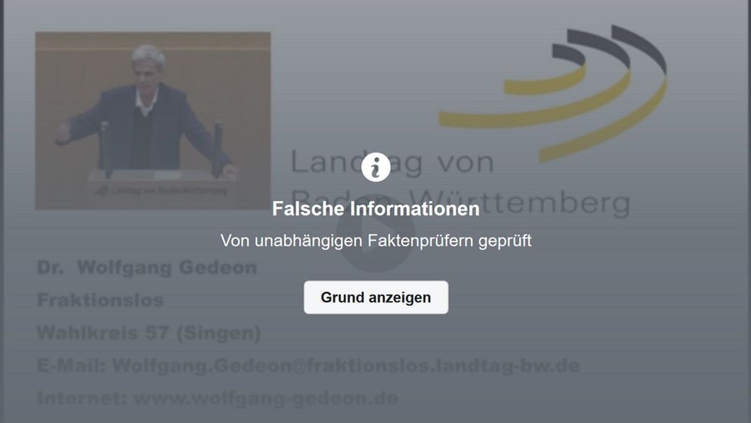 So sieht ein Faktencheck auf Facebook aus. In dem Fall wurden Aussagen des Ex-AfD-Politikers Wolfgang Gedeon über das Corona-Virus als falsch bewertet. 