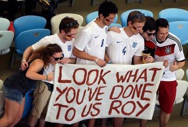 
                <strong>Verrückt, sexy, skurril: Fans in Brasilien</strong><br>
                "Sieh, was du uns angetan hast, Roy." Gemeint ist der englische Nationaltrainer Roy Hodgson, der bei der WM mit den "Three Lions" bereits in der Vorrunde ausschied. Und so mussten die englischen Fans nun ausgerechnet dem Erzrivalen aus Deutschland gegen Frankreich die Daumen drücken.
              