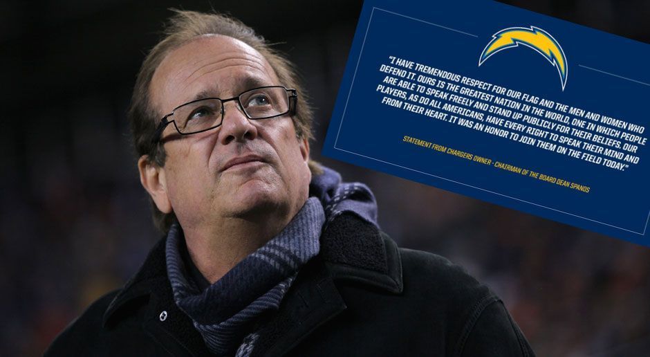 
                <strong>Dean Spanos (Owner Los Angeles Chargers)</strong><br>
                Dean Spanos, Besitzer der Los Angeles Chargers, beschrieb die USA in einem Statement als Land, "in dem Menschen offen ihre Meinung sagen und für ihren Glauben eintreten können. Unsere Spieler haben - wie alle Amerikaner - das Recht, ihre Seele zu öffnen und ihr Herz auszuschütten. Es war mir eine Ehre, heute mit ihnen auf das Feld zu gehen."
              