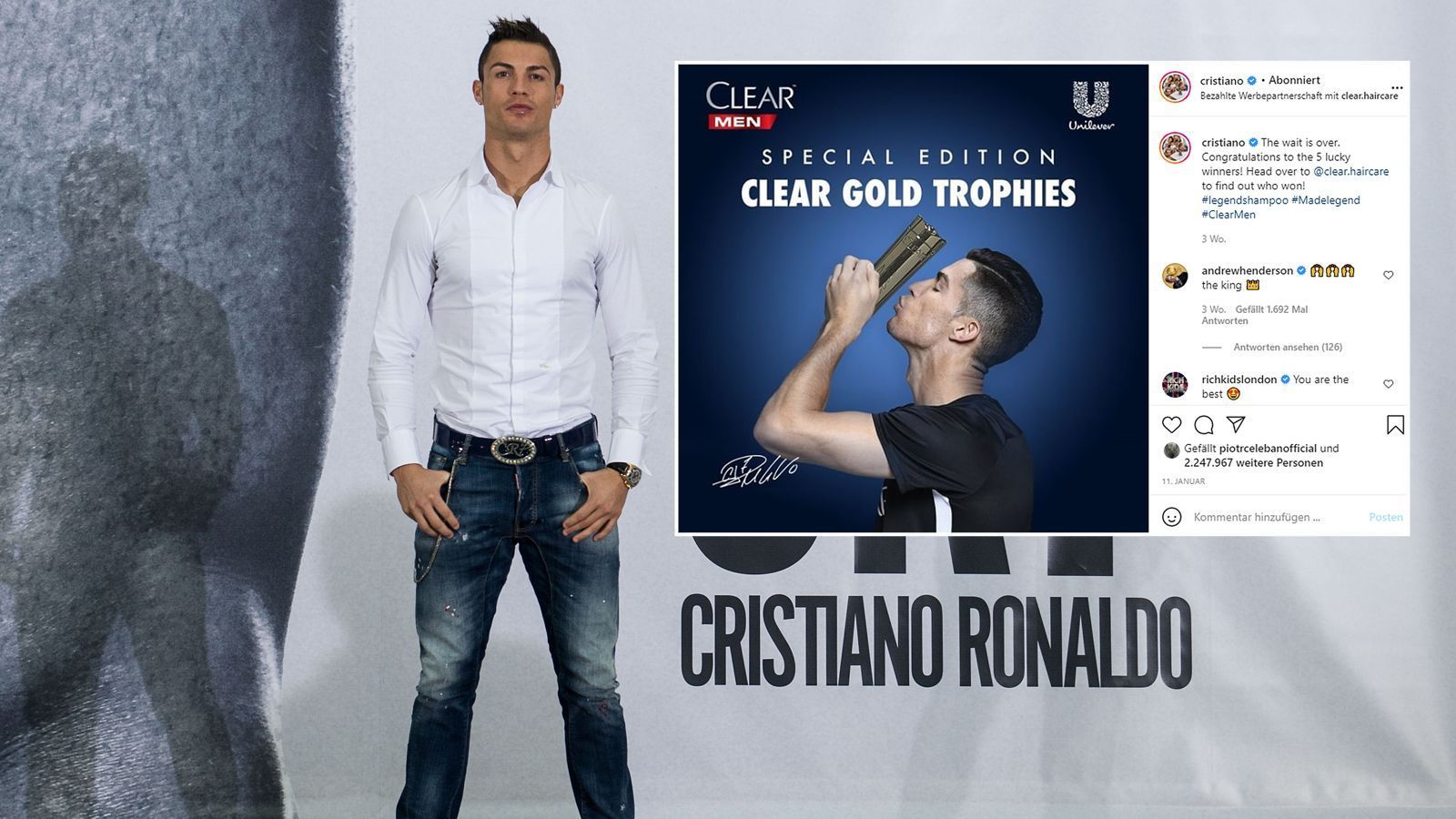 
                <strong>Die Social-Media-Einnahmen von Cristiano Ronaldo</strong><br>
                Auch in den sozialen Netzwerken ist CR7 die größte Nummer weltweit. Er ist der finanziell wertvollste Instagram-Nutzer. Laut einer Studie von "Hopper HQ" liegen die Einnahmen Ronaldos aus seinen Social-Media-Aktivitäten jährlich bei etwa 40 bis 50 Millionen Euro. Für jeden Post, den CR7 mit Werbeinhalten absetzt, dürfte er rund 1,5 Millionen US-Dollar kassieren. Derzeit hat Ronaldo alleine bei Instagram fast schon 530 Millionen Follower. 
              