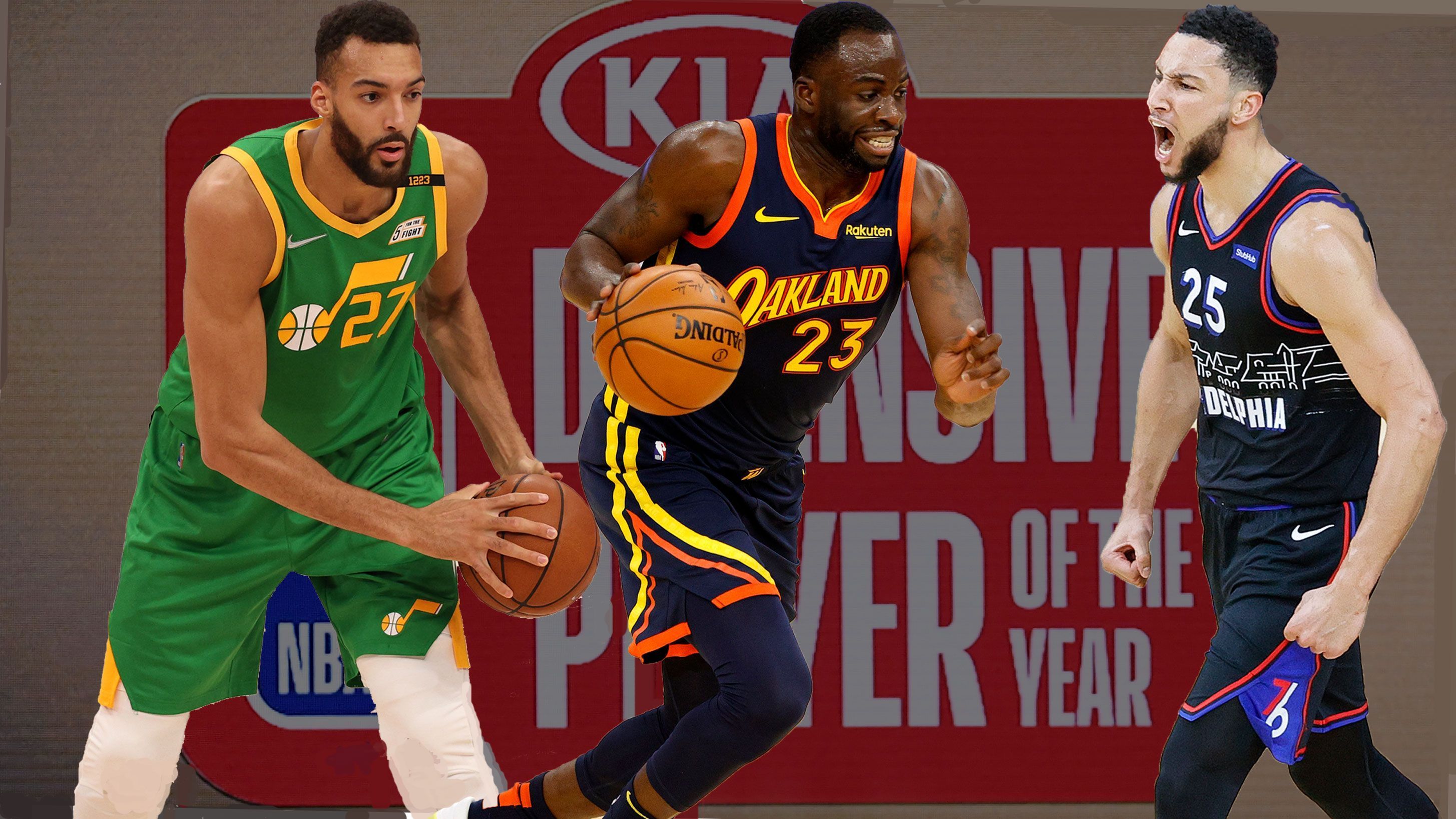 
                <strong>Defensive Player of the Year</strong><br>
                Die drei Finalisten: Rudy Gobert (Utah Jazz, links), Draymond Green (Golden State Warriors, Mitte), Ben Simmons (Philadelphia 76ers, rechts).Bei den Defensiv-Spezialisten wird voraussichtlich kein Weg an Rudy Gobert vorbeiführen. Der 2,16 Meter lange Center hat mit Utah eine bärenstarke Saison hingelegt und dürfte auch aufgrund seiner Statistiken kaum zu schlagen sein. "The Stifle Tower", wie der Franzose gerne genannt wird, ist mit 14,3 Zählern, 13,5 Rebounds und 2,7 Blocks äußerst dominant unter dem Korb und könnte nach 2018 und 2019 bereits seinen dritten DPOY-Award einsacken. Mit Ben Simmons (14,3 Pkt., 7,2 Rb., und 0,6 Blk.) und Draymond Green (7,0 Pts., 7,1 Rb., 0,8 Blk.) hat er zwar gute Konkurrenz, alles andere als Gobert wäre aber eine faustdicke Überraschung.
              