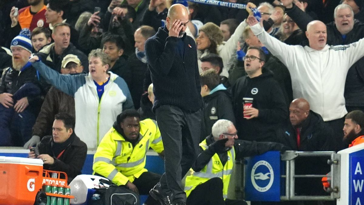 Brighton and Hove Albion v Manchester City - Premier League - American Express Stadium Manchester City manager Pep Guardiola reacts during the Premier League match at American Express Stadium, Brig...