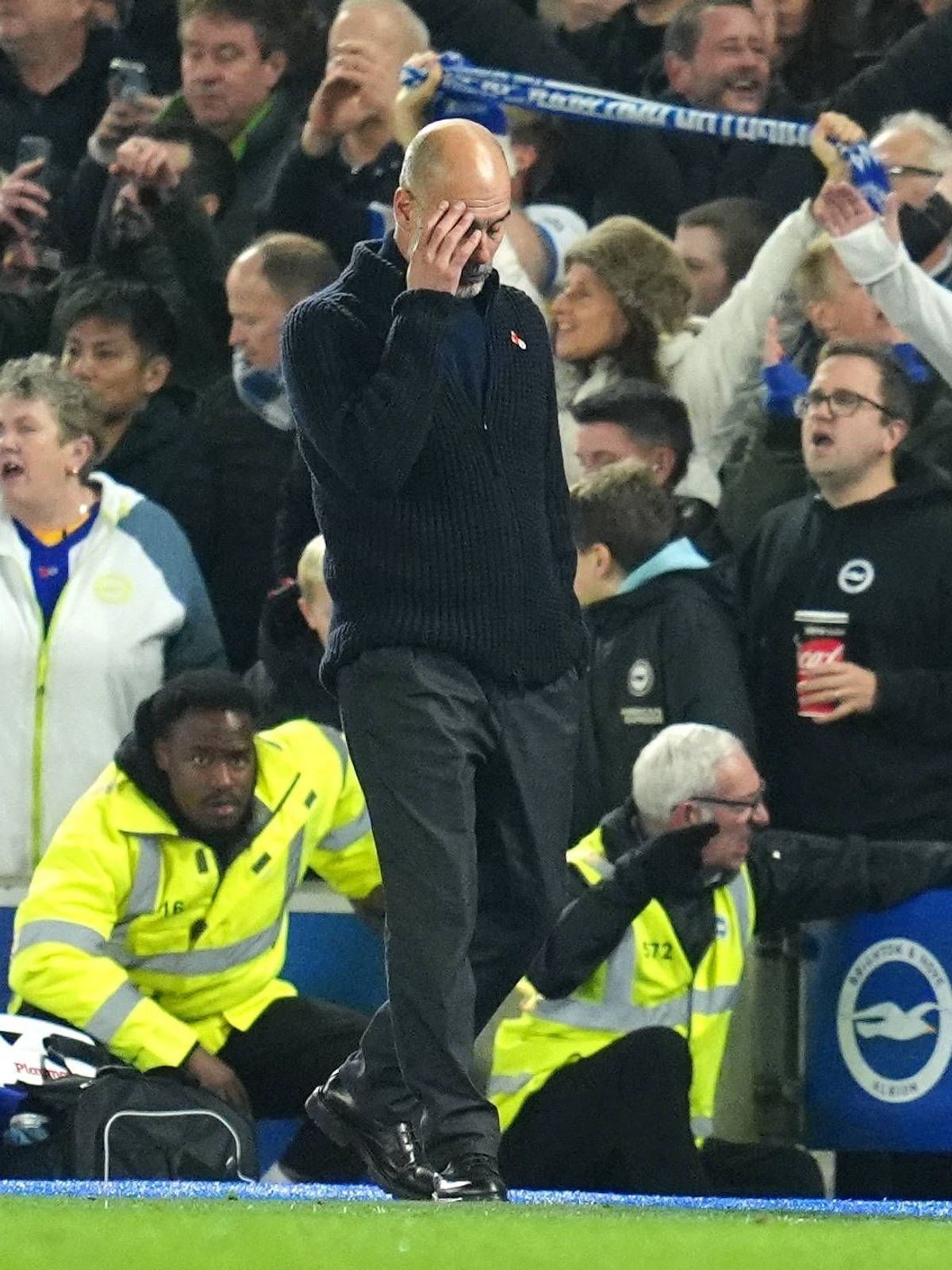 Brighton and Hove Albion v Manchester City - Premier League - American Express Stadium Manchester City manager Pep Guardiola reacts during the Premier League match at American Express Stadium, Brig...