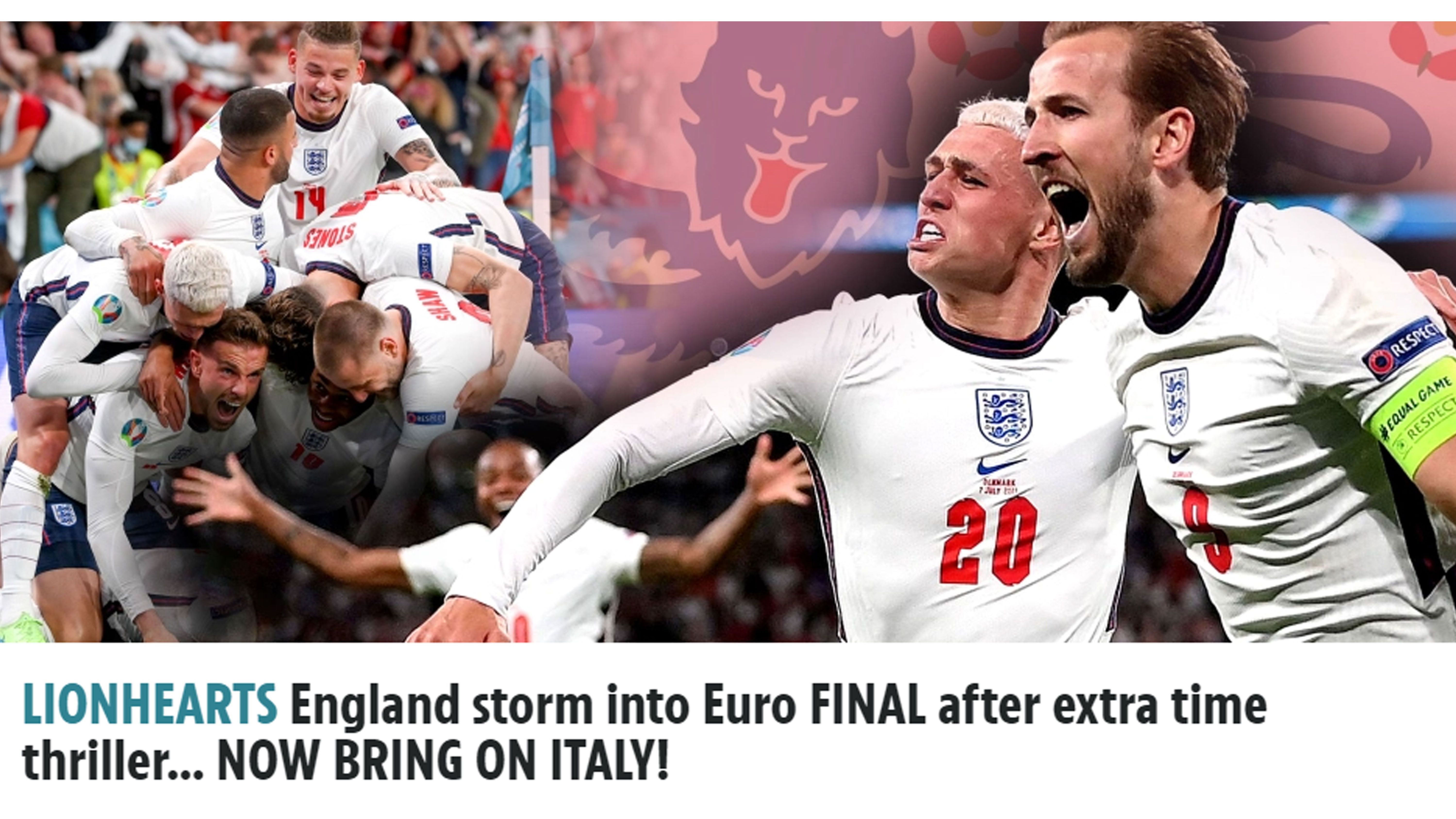 
                <strong>The Sun: "Lionhearts!" </strong><br>
                Bei "The Sun" freut man sich schon am Sonntag auf die Italiener, nachdem "Englands ins Finale stürmt."
              
