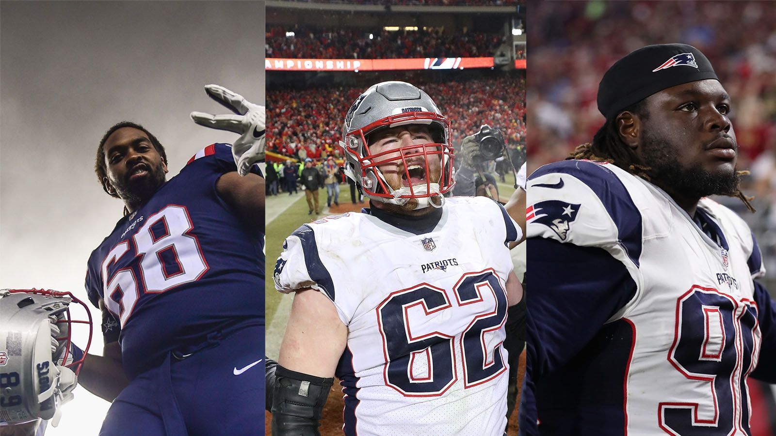 
                <strong>Zwei  Titel: Waddle, Thuney, Brown </strong><br>
                LaAdrian Waddle (#68 Offensive Lineman), Joe Thuney (#62 Offensive Lineman) und Malcom Brown (#90 Defensive Lineman) waren bei Super Bowl LI und LIII erfolgreich. 
              