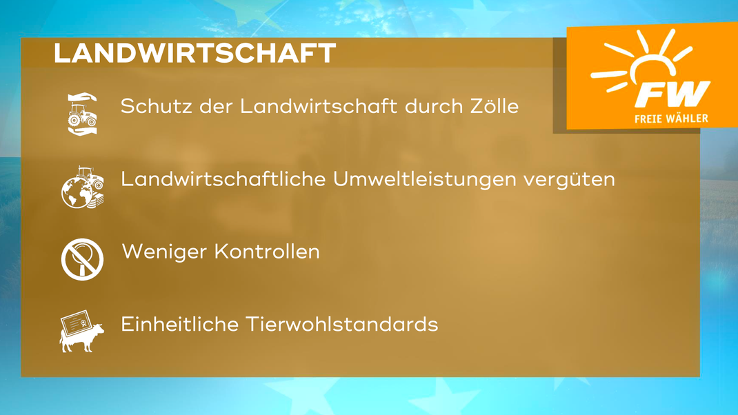 Die zentralen Forderungen der Freien Wähler in Bayern im Bereich "Landwirtschaft" zur Europawahl 2024.