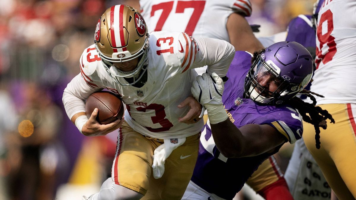 September 15, 2024, Minneapolis, MN, United States: Pat Jones II (91) of the Minnesota Vikings sacks San Francisco 49ers quarterback Brock Purdy (13) in the third quarter at U.S. Bank Stadium in Mi...