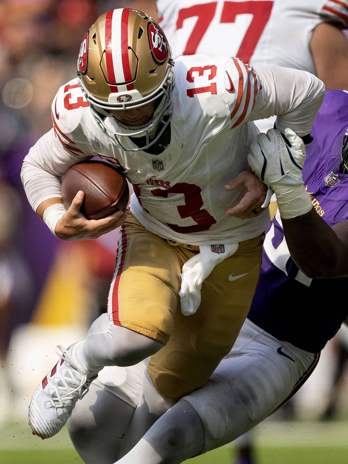 September 15, 2024, Minneapolis, MN, United States: Pat Jones II (91) of the Minnesota Vikings sacks San Francisco 49ers quarterback Brock Purdy (13) in the third quarter at U.S. Bank Stadium in Mi...