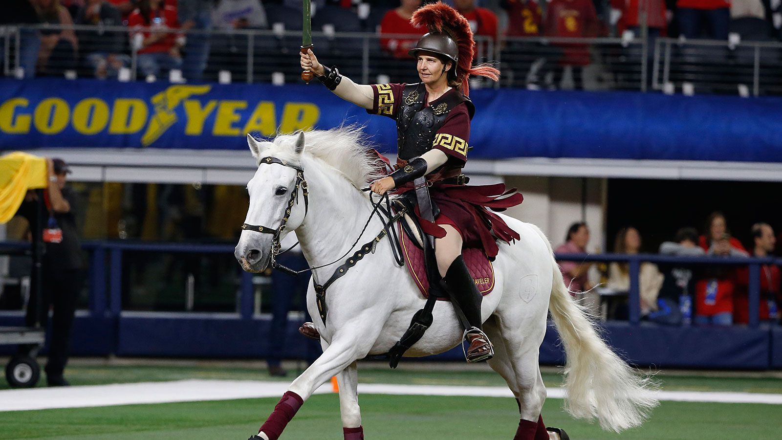 
                <strong>Traveler (USC Trojans)</strong><br>
                An der University of South California unterstützt mit Traveler ein Schimmel die Teams. Auf seinem Rücken sitzt während der Spiele, aber auch bei Paraden oder anderen Events ein trojanischer Krieger. Verkörpert wurde dieser zunächst vom Veranstaltungsleiter des Colleges, Richard Saukko. Dieser legte sich sogar das Originalkostüm von Charlton Heston aus "Ben Hur" zu, nutzte es wegen dessen Gewicht jedoch nicht. Beim seit 2017 amtierenden Traveler IX handelt es sich um ein andalusisches Pferd.
              