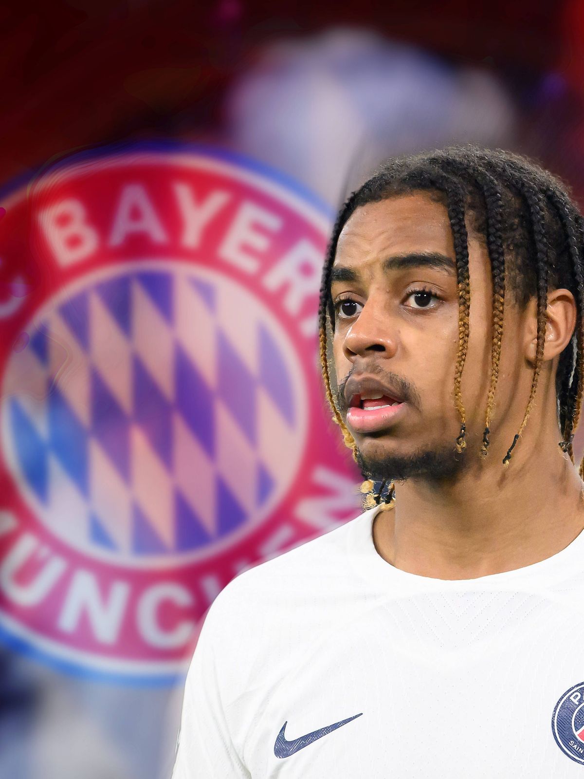 FOTOMONTAGE: PSG-Star Bradley Barcola ist der neue Wunschspieler der Bayern Muenchen, ARCHIVFOTO. Â *** PHOTO montage PSG star Bradley Barcola is Bayern Munichs new player of choice, ARCHIVE PHOTO Â