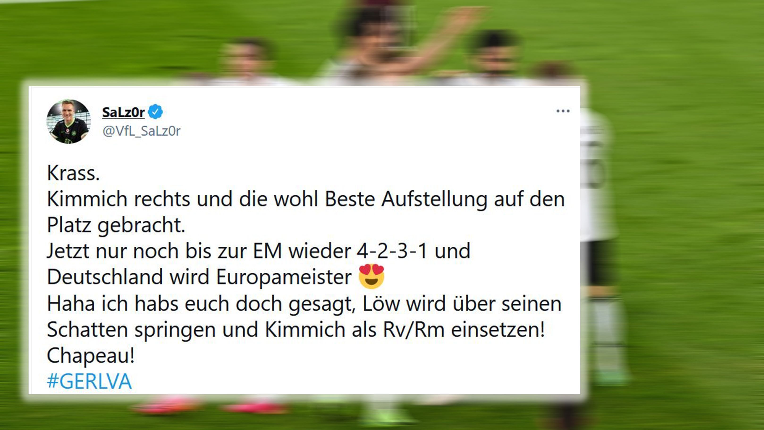 
                <strong>Aufstellung sorgt für Zufriedenheit - der Start passt</strong><br>
                Schon die Aufstellung sorgte für Zufriedenheit. Joshua Kimmich auf der rechten Seite überzeugte vollends - das sahen auch die Fans so. Prompt vielen die Tore.
              