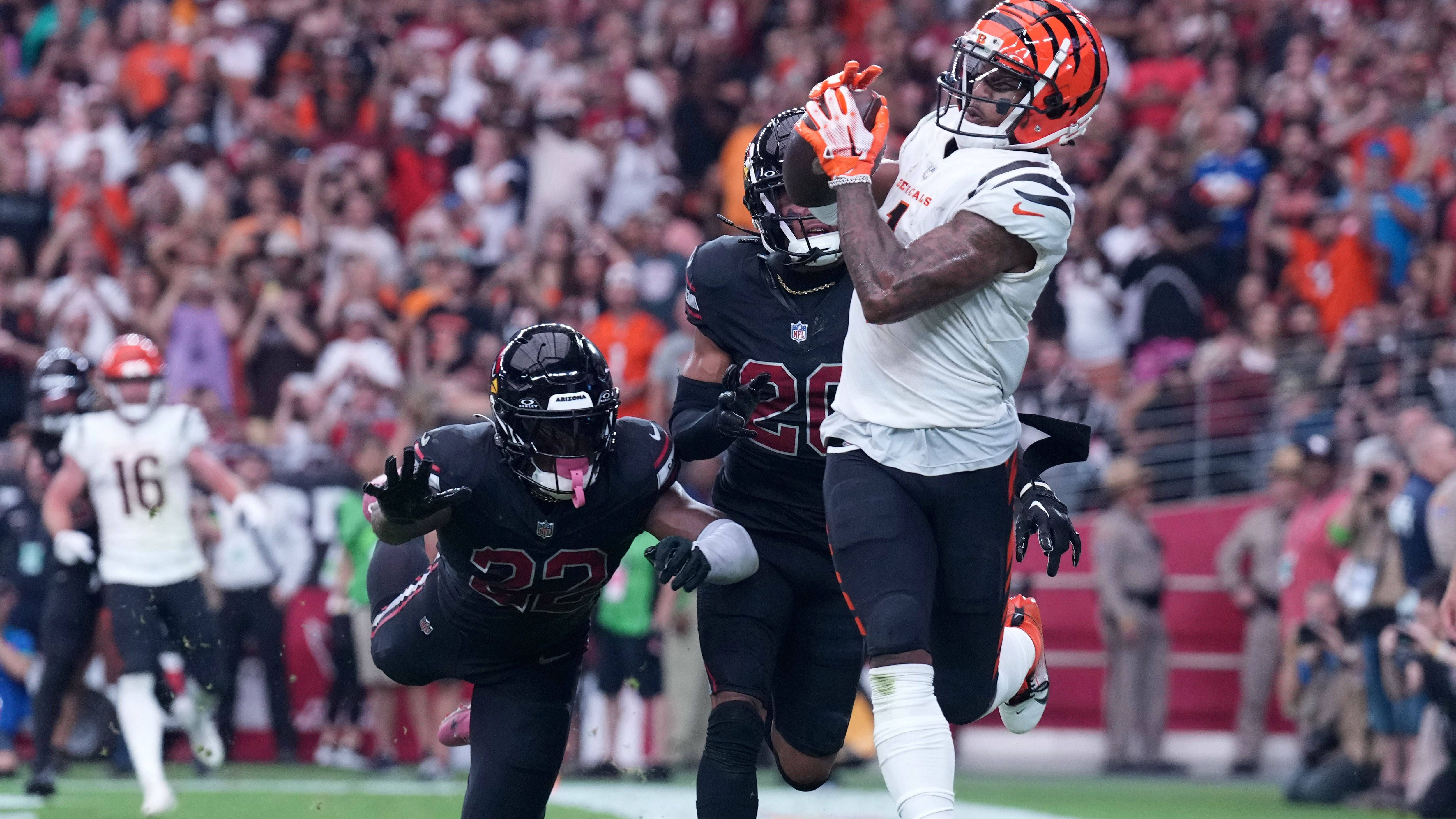 <strong>Platz 6: Ja’Marr Chase (Cincinnati Bengals, WR) mit 34,67 km/h</strong><br>Week 5 gegen die Arizona Cardinals bei einem 63-Yards-Receiving-Touchdown (1st &amp; 10 an der eigenen 37-Yards-Markierung)