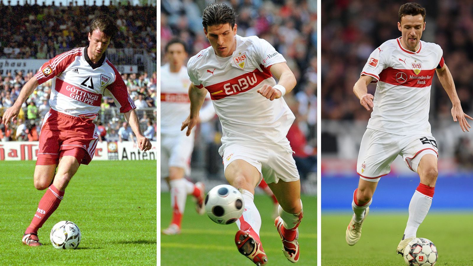 
                <strong>VfB Stuttgart</strong><br>
                Der rote Brustring gehört zum Heimtrikot des VfB wie der Cannstatter Wasen zur Stadt Stuttgart. Das zeigt sich auch bei der Trikothistorie des fünffachen Deutschen Meisters. In der Saison 1998/99 mischte sich viel rot ins Trikot von Fredi Bobic (li.) und seinen Teamkollegen. Im letzten Meisterjahr 2007 blieben nur der Brustring und die Hosen rot im Dress von Shootingstar Mario Gomez (Mitte) und Co.. Zwölf Jahre später hat sich die Arbeitskleidung kaum verändert, allerdings die Leistung. Diese ist 2018/19 alles andere als meisterlich, der VfB steckt mit Kapitän Christian Gentner tief im Abstiegskampf.
              