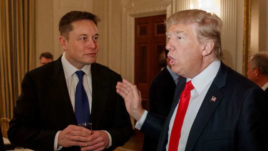 EX-Präsident Donald Trump (r.) im Gespräch mit Tesla and SpaceX CEO Elon Musk (l.) im Weißen Haus in Washington, Feb. 3, 2017. (Archivbild)