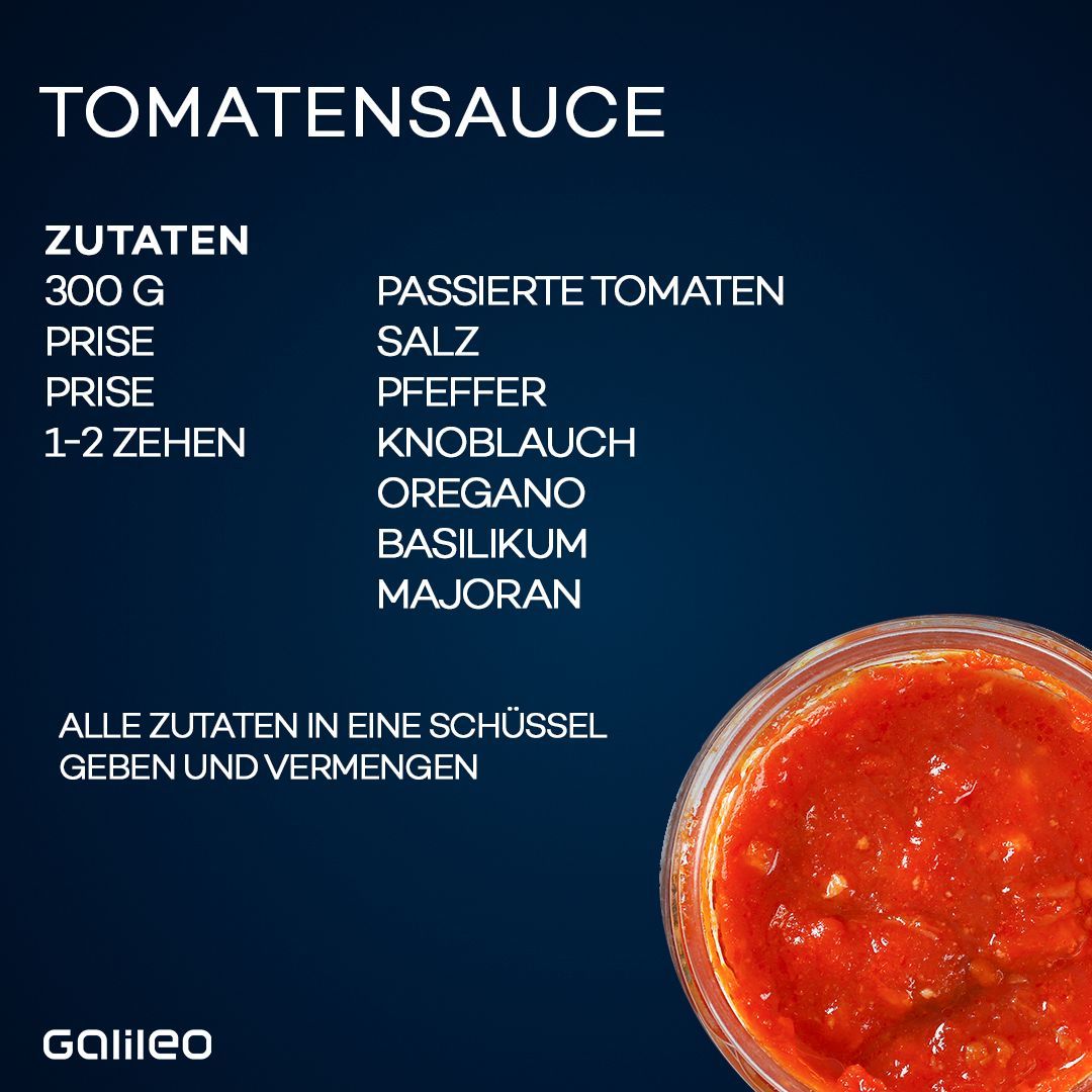 Die Zutaten für eine perfekte Tomatensoße auf deiner Pizza.
