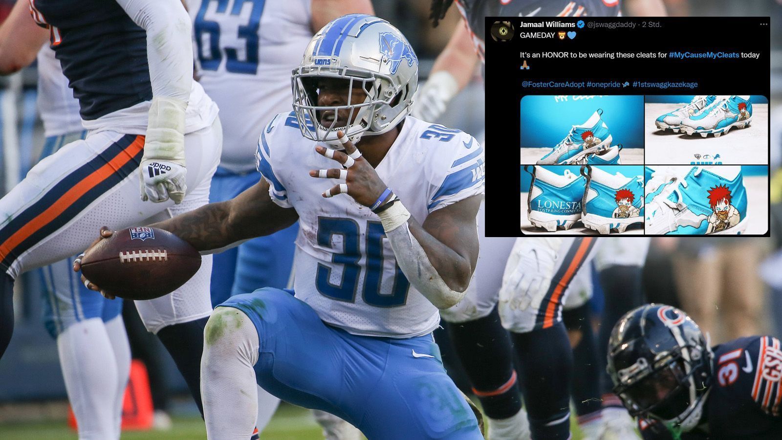 
                <strong>Jamaal Williams</strong><br>
                Wie Max Jones kümmert sich auch Lions-Running-Back Jamaal Williams um das Wohl von Kindern. Mit seinen Schuhen richtet er den Blick auf die "Lonestar Social Services", die sich für Kinder ohne Eltern einsetzt und ihnen bei der Vermittlung an Pflegeeltern helfen.
              