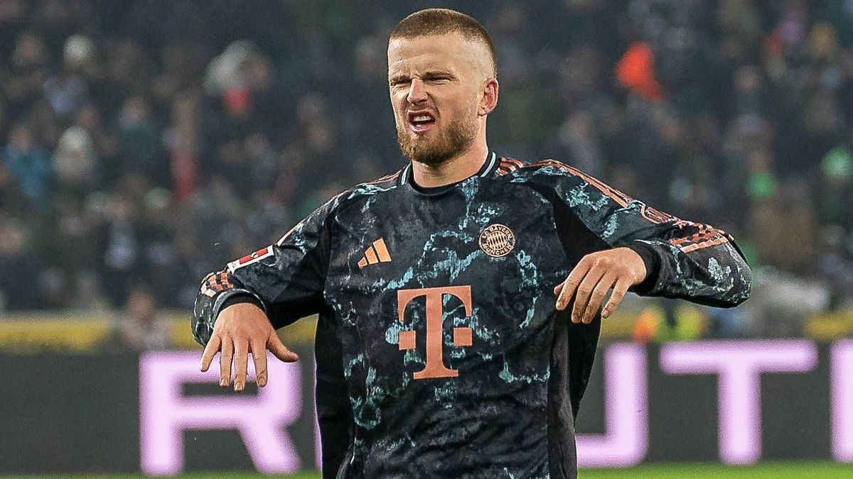 11.01.2025, Fussball: 1. Bundesliga, Saison 2024 2025, 16. Spieltag, Borussia Moenchengladbach - FC Bayern Muenchen im Borussia Park in Moenchengladbach. Eric Dier (FC Bayern Muenchen, 15) freut si...