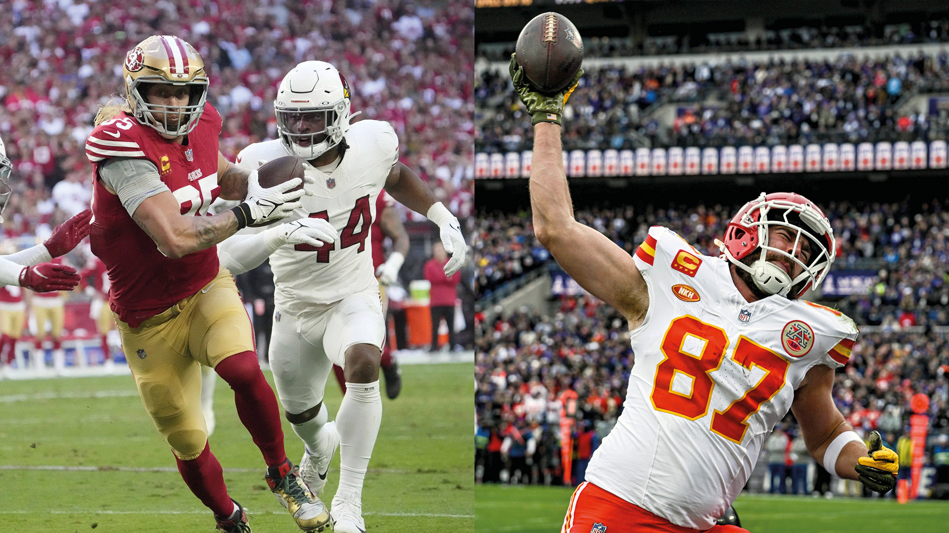 <strong>George Kittle gegen Travis Kelce</strong><br>Sowohl Kittle (l.) als auch Kelce sind Key-Player ihrer Offense. Beide können einen enormen Einfluss auf das Spiel nehmen. Hat einer der beiden ein Break-Out-Spiel, wird es für das andere Team eng. Statistisch gesehen sind beide auf einem ähnlichen Niveau. Jedoch benötigte Kittle deutlich weniger Catches für seine Zahlen. Kelce bescheinigte Kittle bei der Opening Night, diese Saison der beste Tight End zu sein. Keine einfache Entscheidung - wir werten unentschieden. <br><br><strong>Punkt für beide: 1,5:1:5</strong>