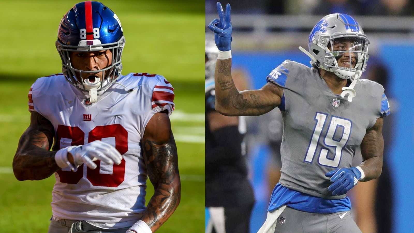
                <strong>Platz 12: New York Giants</strong><br>
                Mit Kenny Golladay (r.) schnappten sich die New York Giants den wohl besten verfügbaren Wide Receiver in der Free Agency und gaben die Marschrichtung für die weitere Offseason vor. Wenig später wählten sie dann im Draft mit dem 20. Pick Kadarius Toney aus. Während Golladay der typische X-Receiver ist und vor allem als Deep Threat eingesetzt wird, bringt Toney eine ganze Bandbreite an neuen Möglichkeiten mit, vor allem aufgrund seiner Fähigkeiten nach dem Catch. Dahinter stehen mit Darius Slayton und Sterling Shepard zwei erfahrene Rollenspieler bereit. Tight End Evan Engram (l.) bekam in der vergangenen Saison seine Verletzungsanfälligkeit in den Griff und steht vor einer richtungsweisenden Saison. Als ehemaliger Erstrundenpick deutete er sein Potenzial immer wieder an, der ganz große Durchbruch lässt noch auf sich warten. 
              
