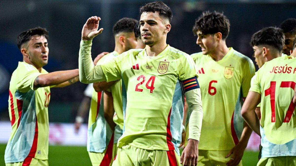 Gabriel Veiga (Spanien, 24) und Team bejubeln das Tor zum 1:1, GER, Deutschland (GER) vs Spanien (ESP), Fussball, Laenderspiel U21, U 21 25.03.2025. GER, Deutschland (GER) vs Spanien (ESP), Fussbal...