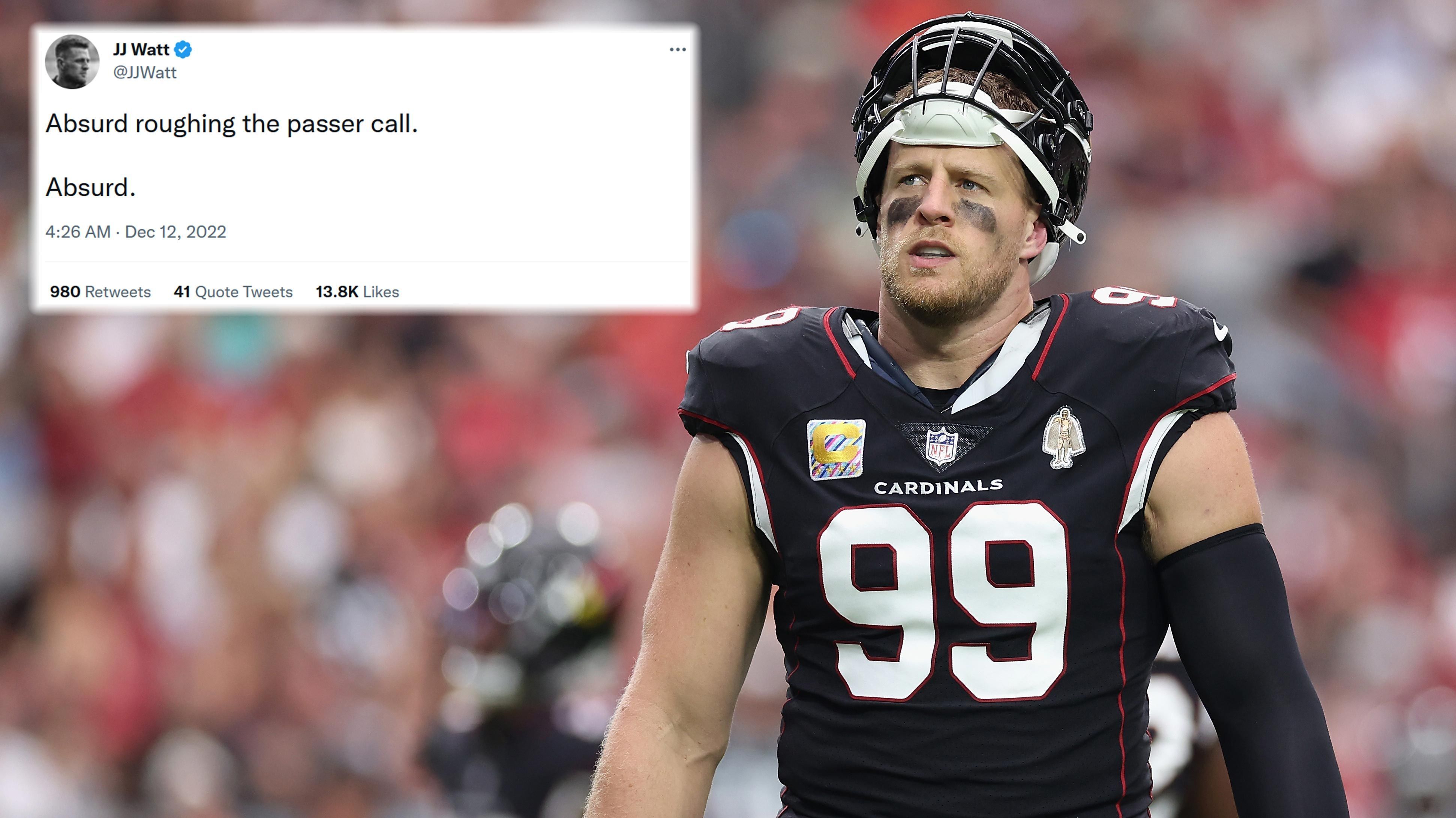 
                <strong>J. J. Watt</strong><br>
                J. J. Watt sah die Situation natürlich aus seiner eigenen Sicht: der eines Defensive Ends. Deshalb verstand der Mann von den Arizona Cardinals nach der Entscheidung der Refs die Welt nicht mehr - und das, obwohl er nichts mit dem Spiel zu tun hatte. "Ein absurder Roughing the Passer-Call. Absurd", schrieb Watt auf Twitter.
              